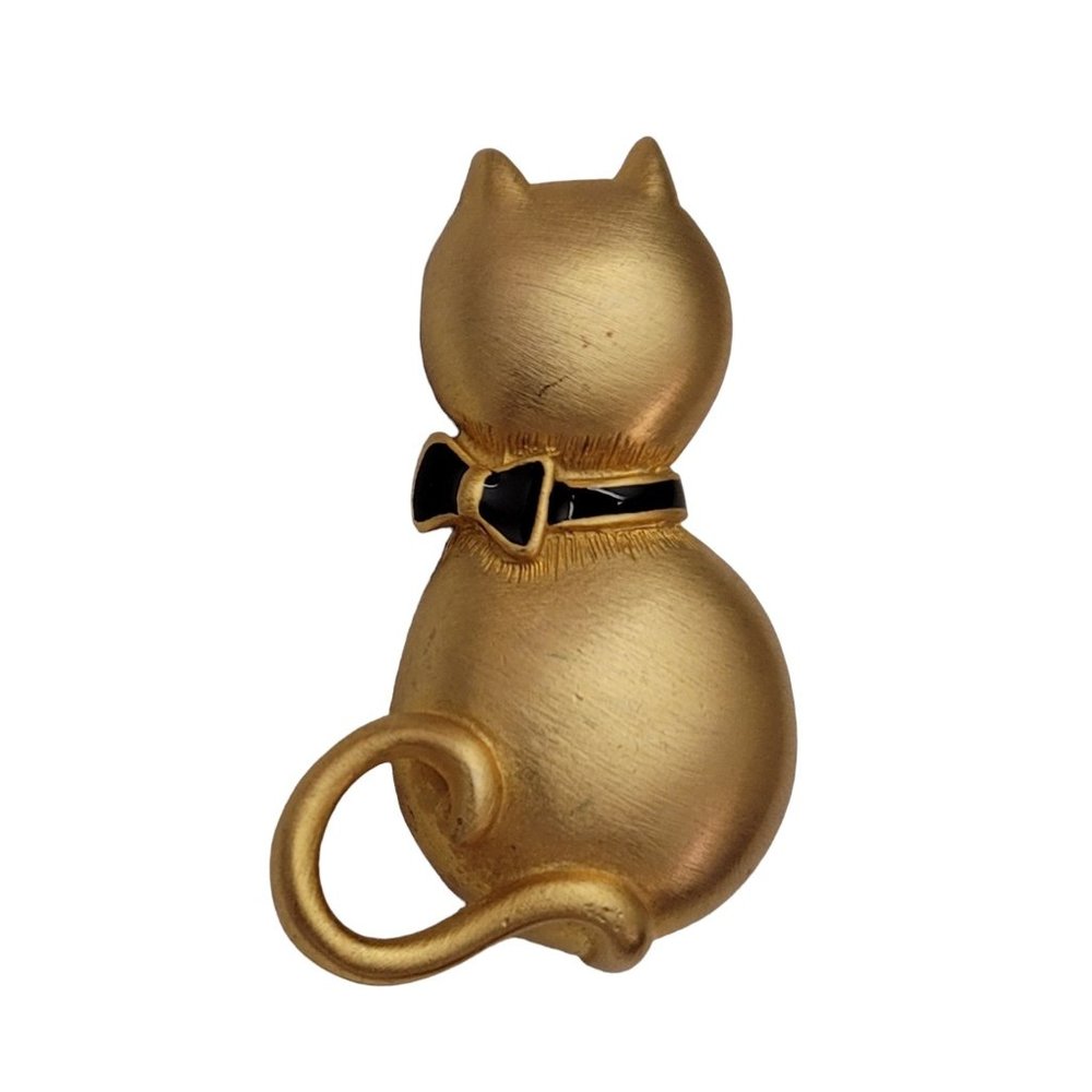 LIA Matte Gold Tone Black Enamel Cat Brooch Pin, Signed E129